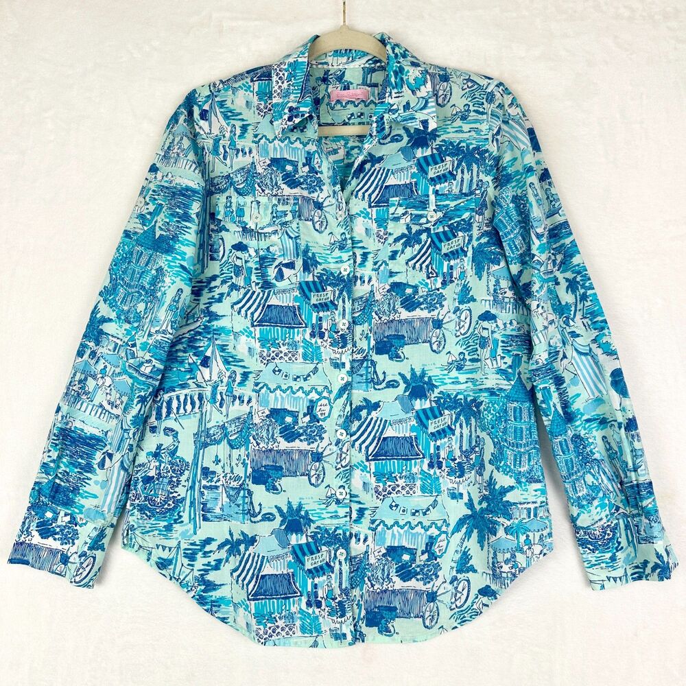 Lilly Pulitzer Fresh Catch Toile Print Button Up Shirt Size XS Coastal Nautical